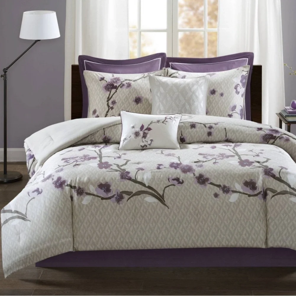 Madison Park Purple and Cream Floral Comforter Set Queen 8 piece set - Picture 7 of 10